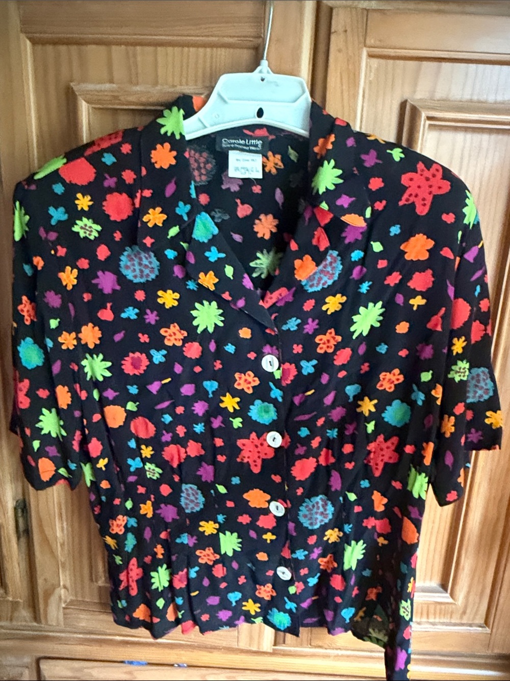 Carole Little Black Short-Sleeve Floral Button Blouse